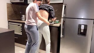 Wife fucked hard with tongue while washing dishes in the kitchen, getting her to cum before her step