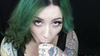 Chubby Tattooed Babe Gives Sloppy Blowjob to Big Dildo While Talking Dirty to you