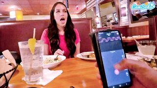 Cumming in Public with interactive toy at LUNCH! Public female orgasm interactive toy