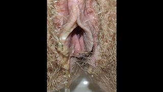 Big Hairy Mommy's Pussy Peeing and little Farting Closeup