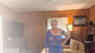 GILF TRIES ON SUPER TRANSPARENT BLUE DRESS