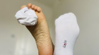 Mistress shows and orders to smell her feet in white socks, foot worship POV