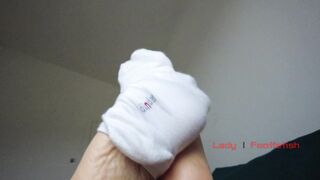 Mistress shows and orders to smell her feet in white socks, foot worship POV